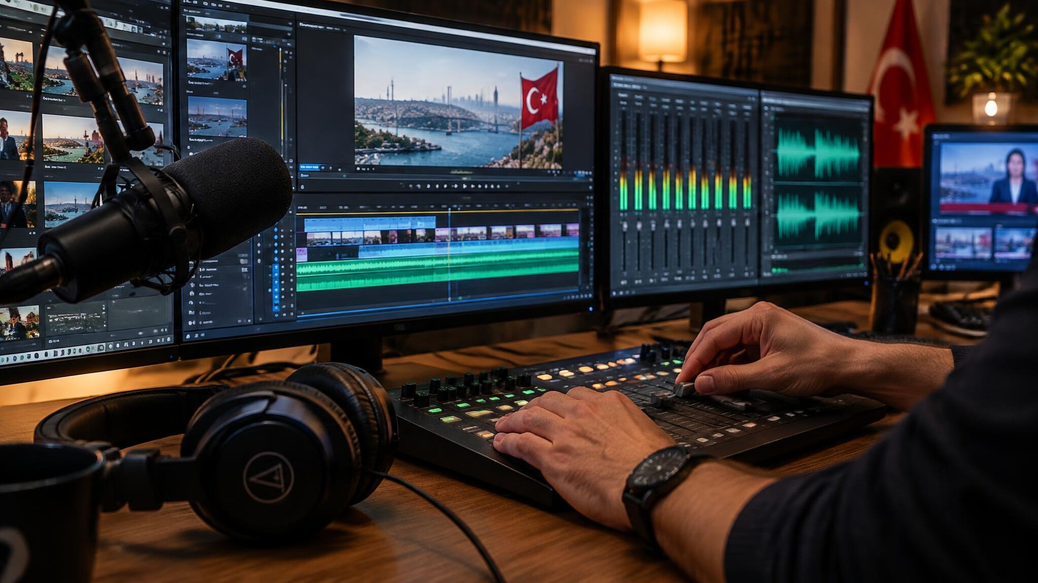 Broadcast editor working at an editing desk with microphones