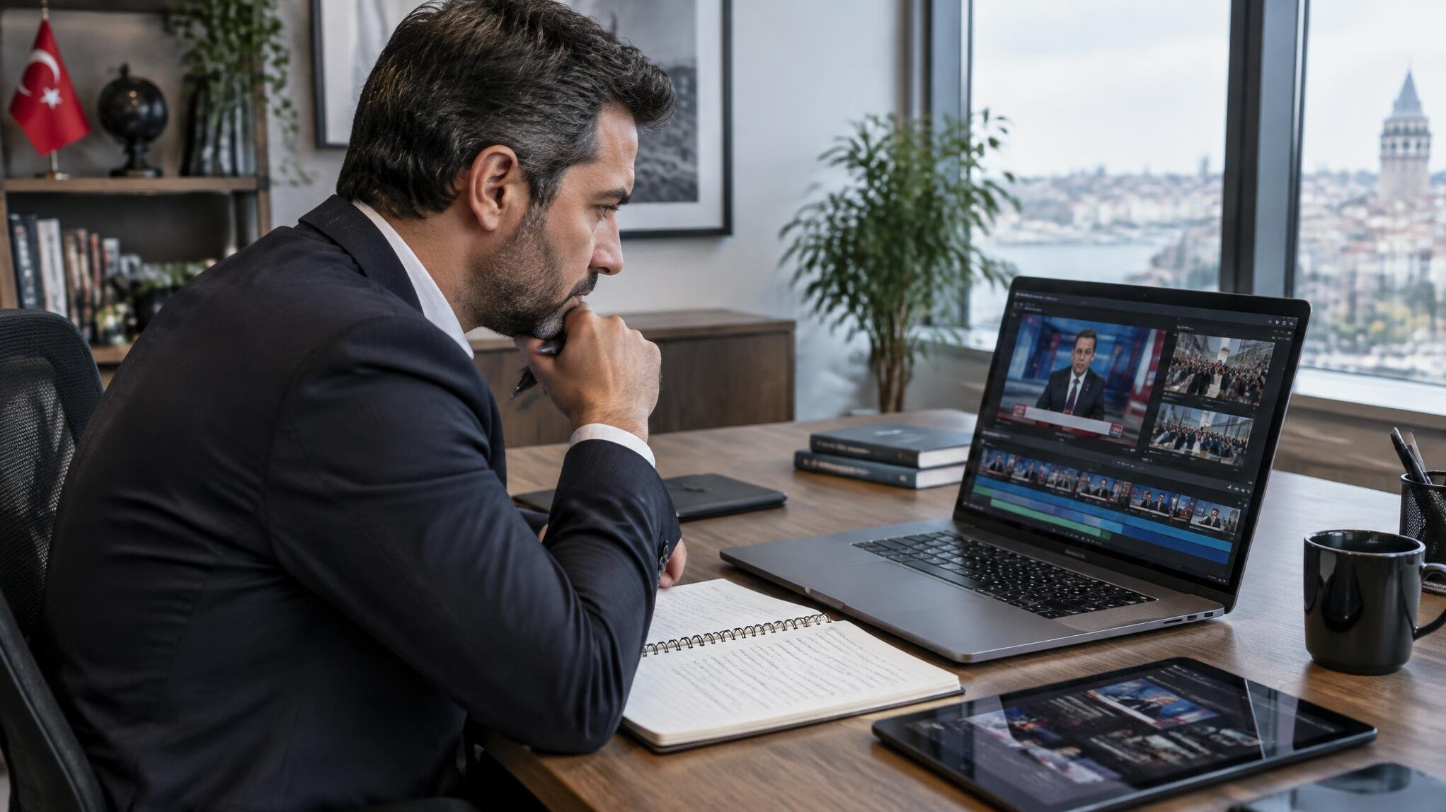 Media analyst reviewing broadcast footage on a laptop
