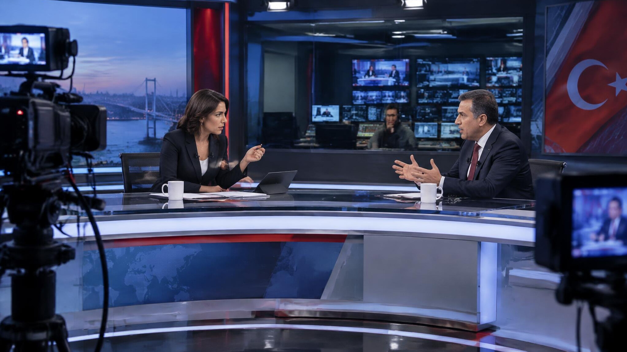 Live TV broadcast studio with tense atmosphere during a news show