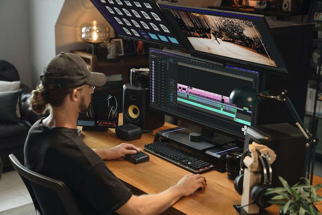 Television control room with multiple monitors during live broadcast